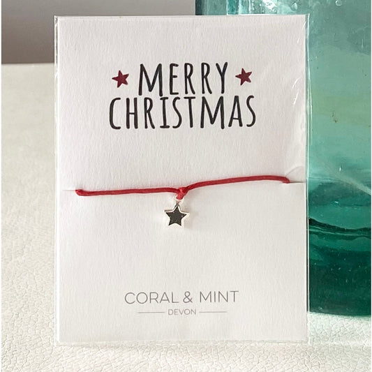 Coral and Mint - Merry Christmas Black Glitter Enamel Star Charm Red Cord - Sentiment String Bracelet - Mellow Monkey