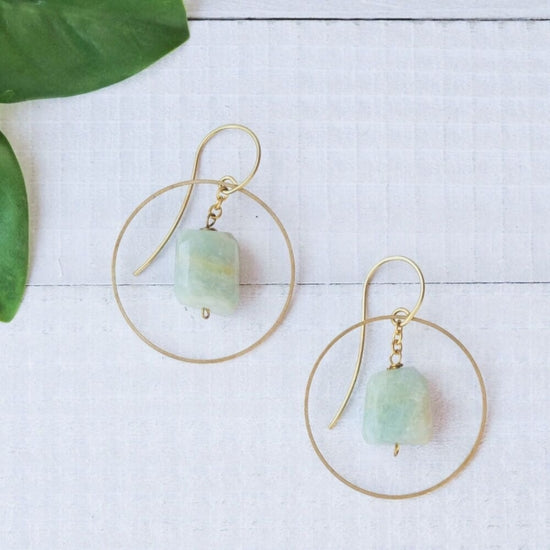 Brass Hoop Earring with Rough Cut Amazonite Stone - Mellow Monkey