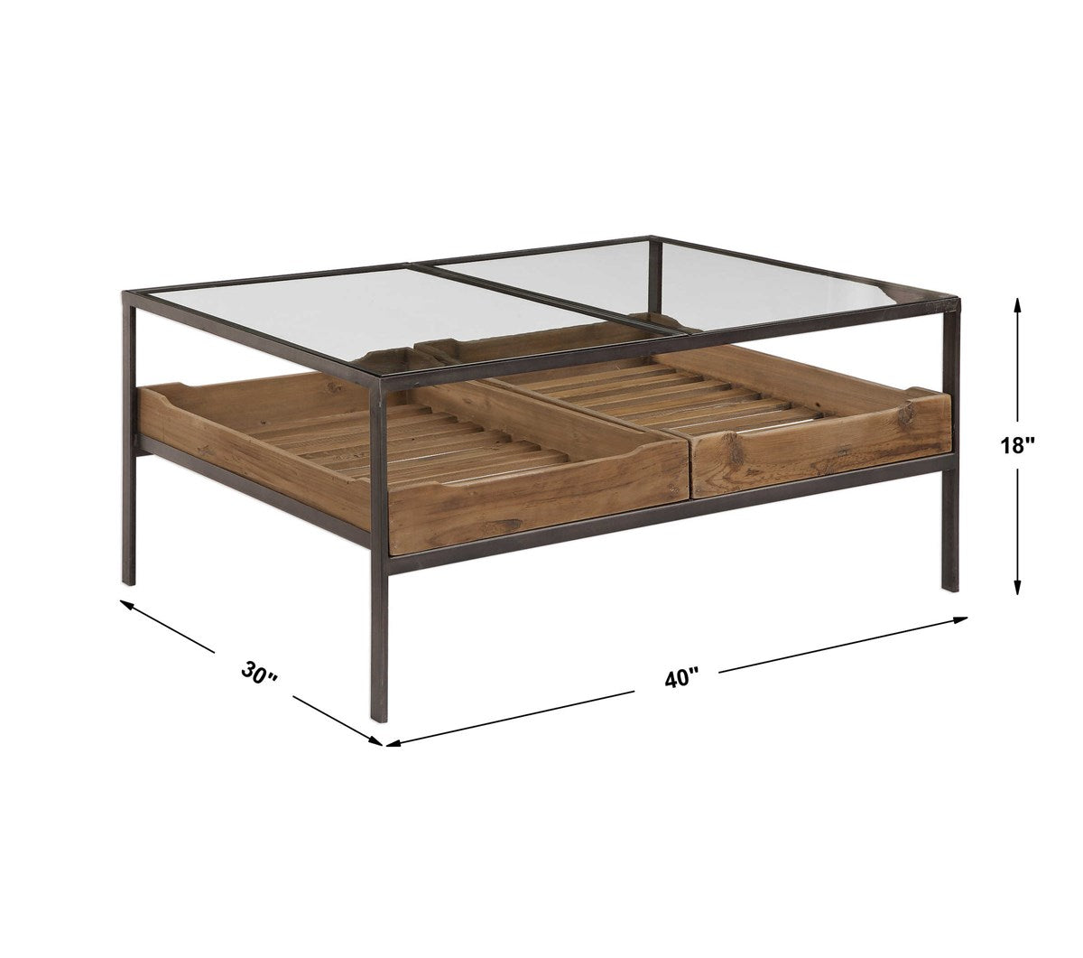 Uttermost Silas Glass Top Storage Coffee Table in Aged Steel - 40-in - Mellow Monkey