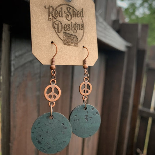 Copper Peace Sign w/ Green Cork Circle Earrings - Mellow Monkey