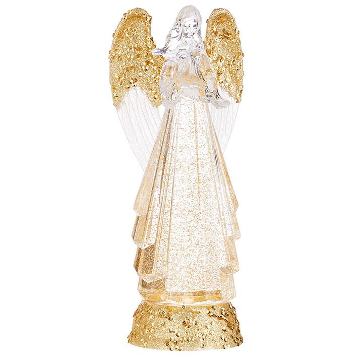 Lighted Angel with Gold Swirling Glitter Water Lantern Snow Globe - 13-in - Mellow Monkey