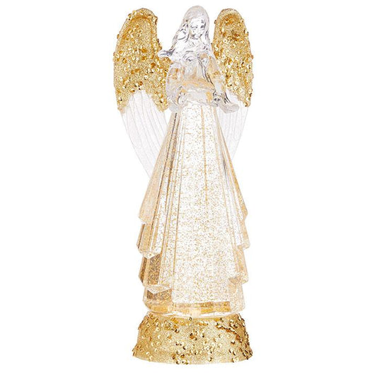 Lighted Angel with Gold Swirling Glitter Water Lantern Snow Globe - 13-in - Mellow Monkey