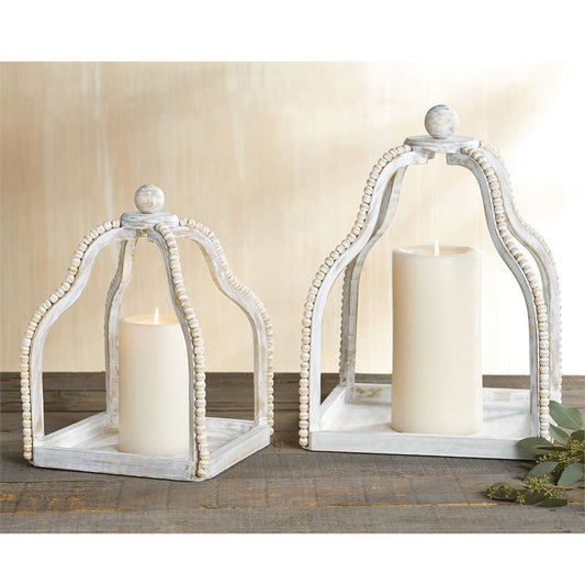 Beaded Wood Lantern - White Wash Finish - Mellow Monkey