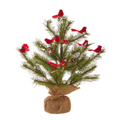 Yuletide Birds - Holiday Faux Tree with Cardinals in Burlap Bag - 16-in - Mellow Monkey