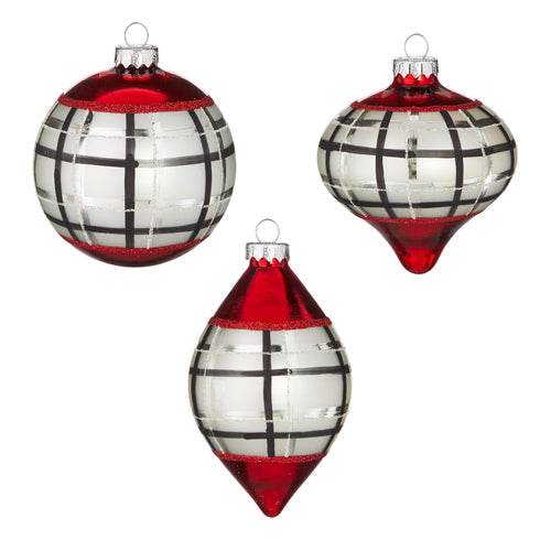 Red Black and Silver Plaid Glass Ornament 4-in - Mellow Monkey