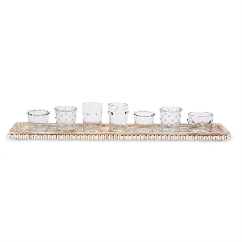 White Wash Beaded Tray with 7 Clear Glass Votives - Set - 22-in - Mellow Monkey