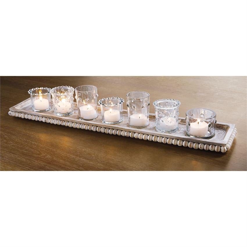 White Wash Beaded Tray with 7 Clear Glass Votives - Set - 22-in - Mellow Monkey