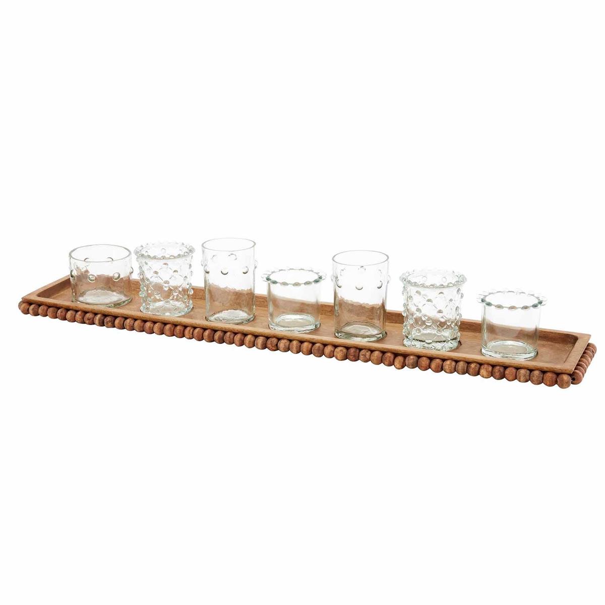 Beaded Mango Wood Tray with 7 Clear Glass Votives - Set - 22-in - Mellow Monkey