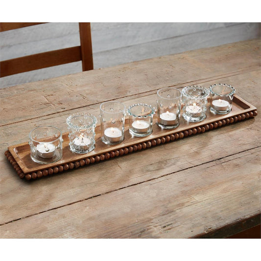 Beaded Mango Wood Tray with 7 Clear Glass Votives - Set - 22-in - Mellow Monkey