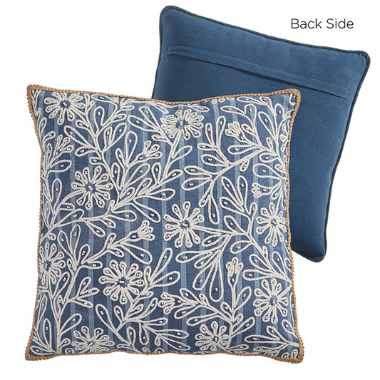 Embroidered Cotton Floral Pillow - Blue - 18-in - Mellow Monkey