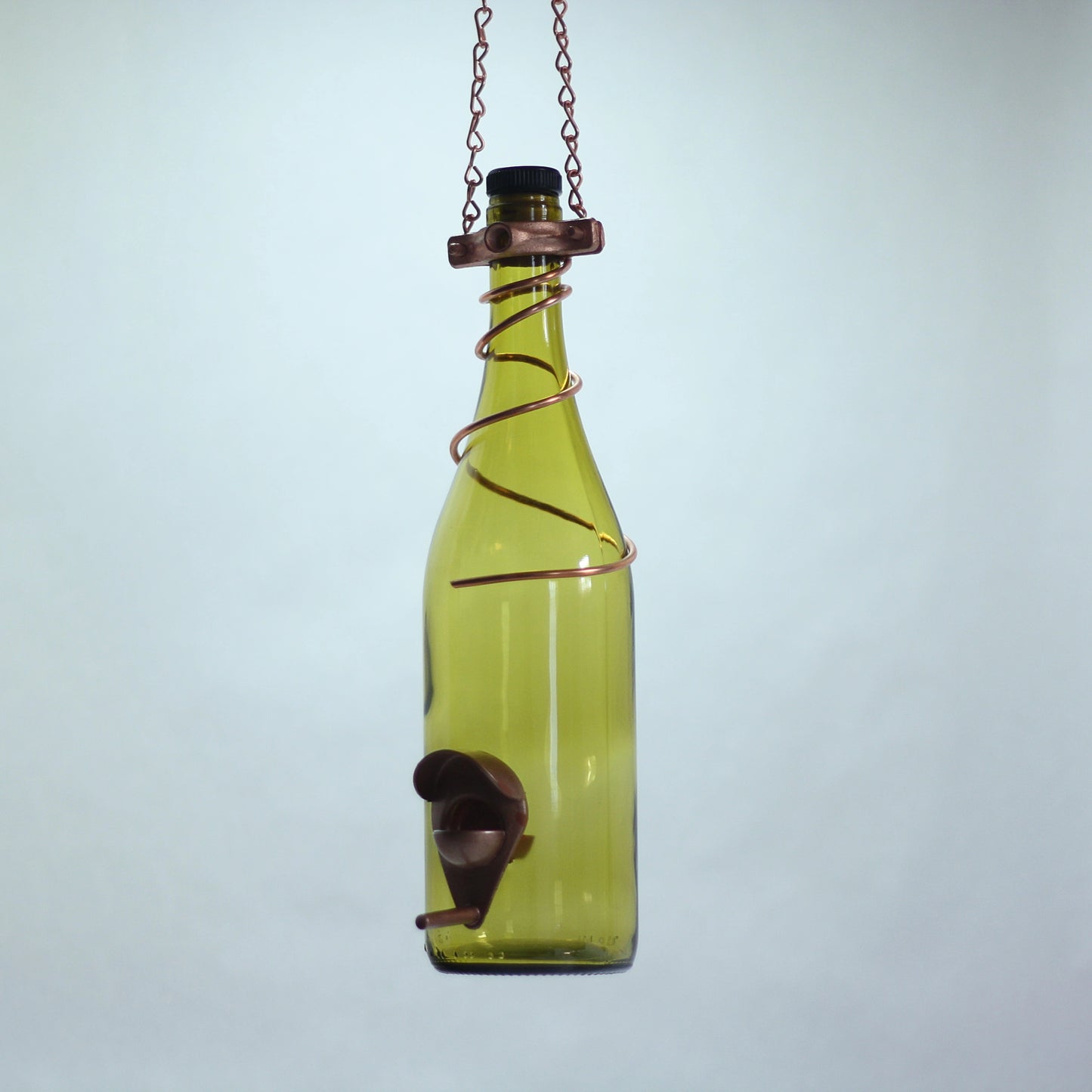 Glass Wine Bottle Bird Feeder - Yellow Bottle With Copper Trim - Mellow Monkey