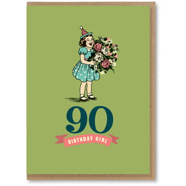 90 Birthday Girl - Funny Vintage Retro Style Birthday Greeting Card - Mellow Monkey
