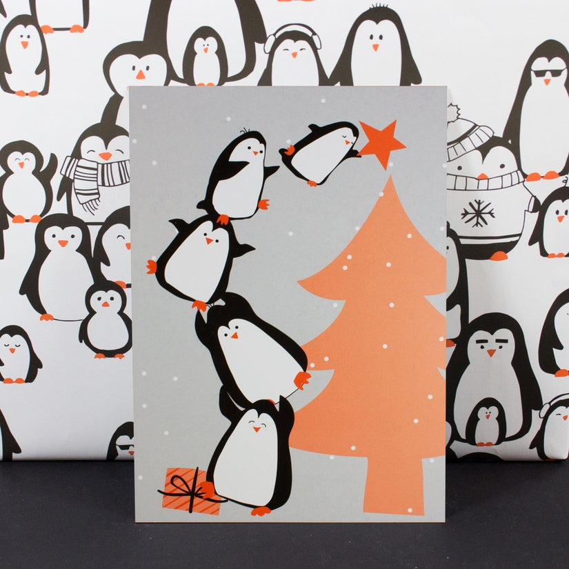 Penguins On A Tree - Holiday Christmas Postcard - Mellow Monkey