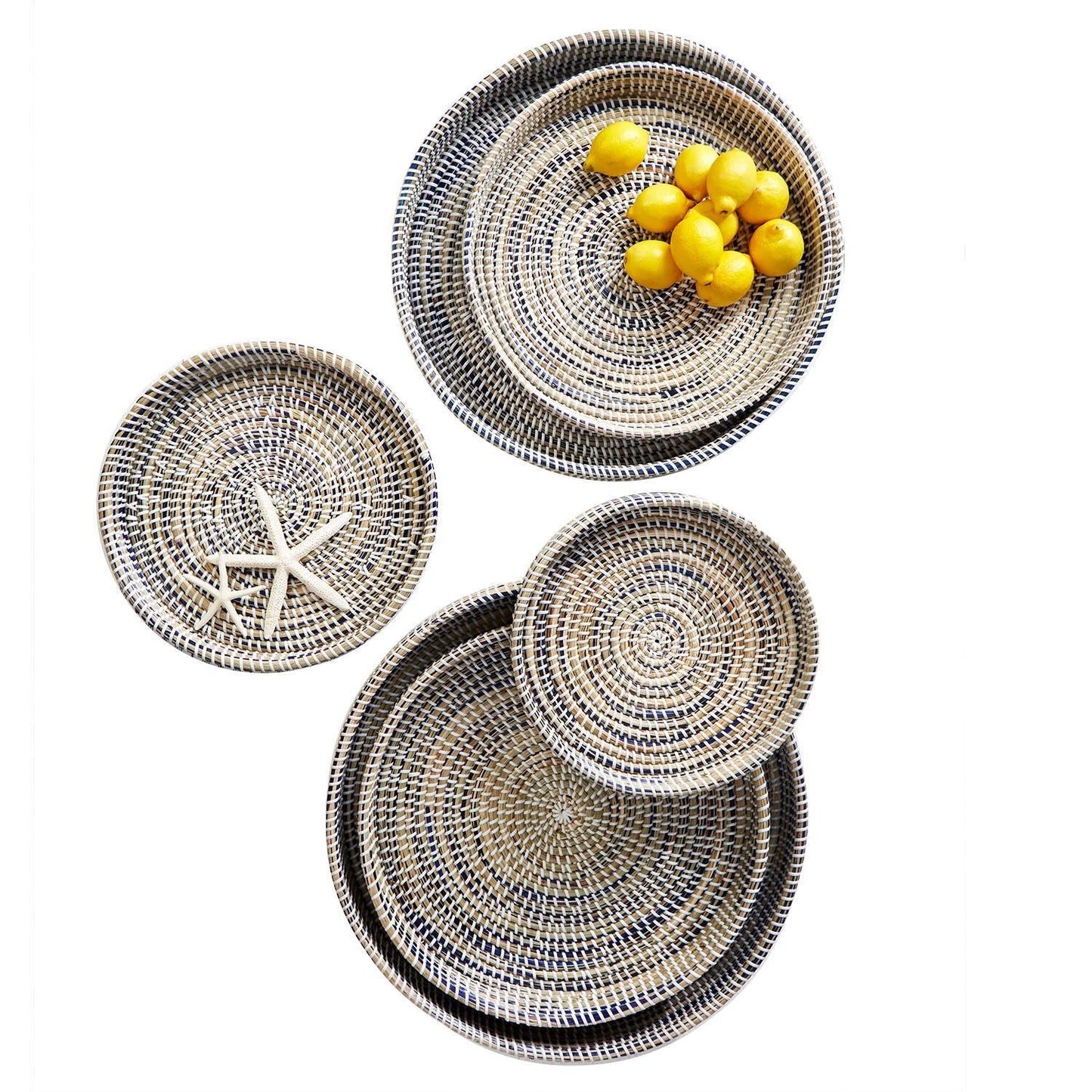 Woven Seagrass Round Tray in Natural, Blue and White - Mellow Monkey