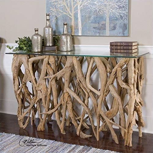 Natural Teak Wood and Glass Console Table - 59-in - Mellow Monkey
