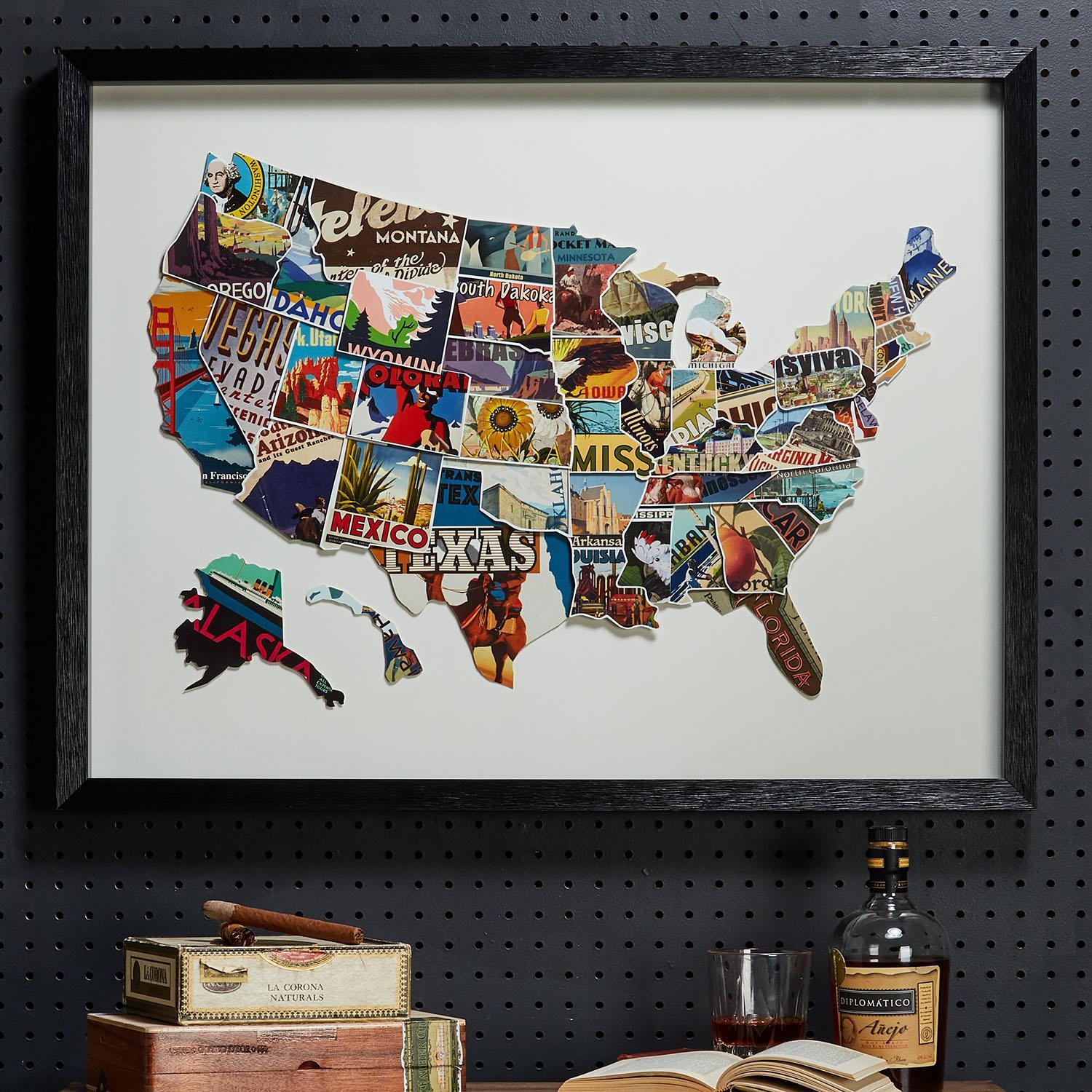 Framed Paper Collage USA Map Wall Art - 32-in - Mellow Monkey