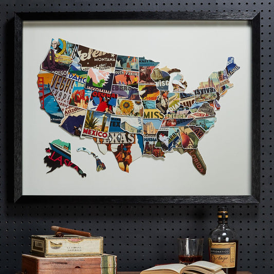 Framed Paper Collage USA Map Wall Art - 32-in - Mellow Monkey