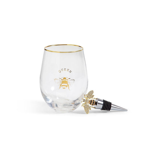 Queen Bee Stemless Wine Glass with Jeweled Bee Wine Stopper - 16-oz - Mellow Monkey