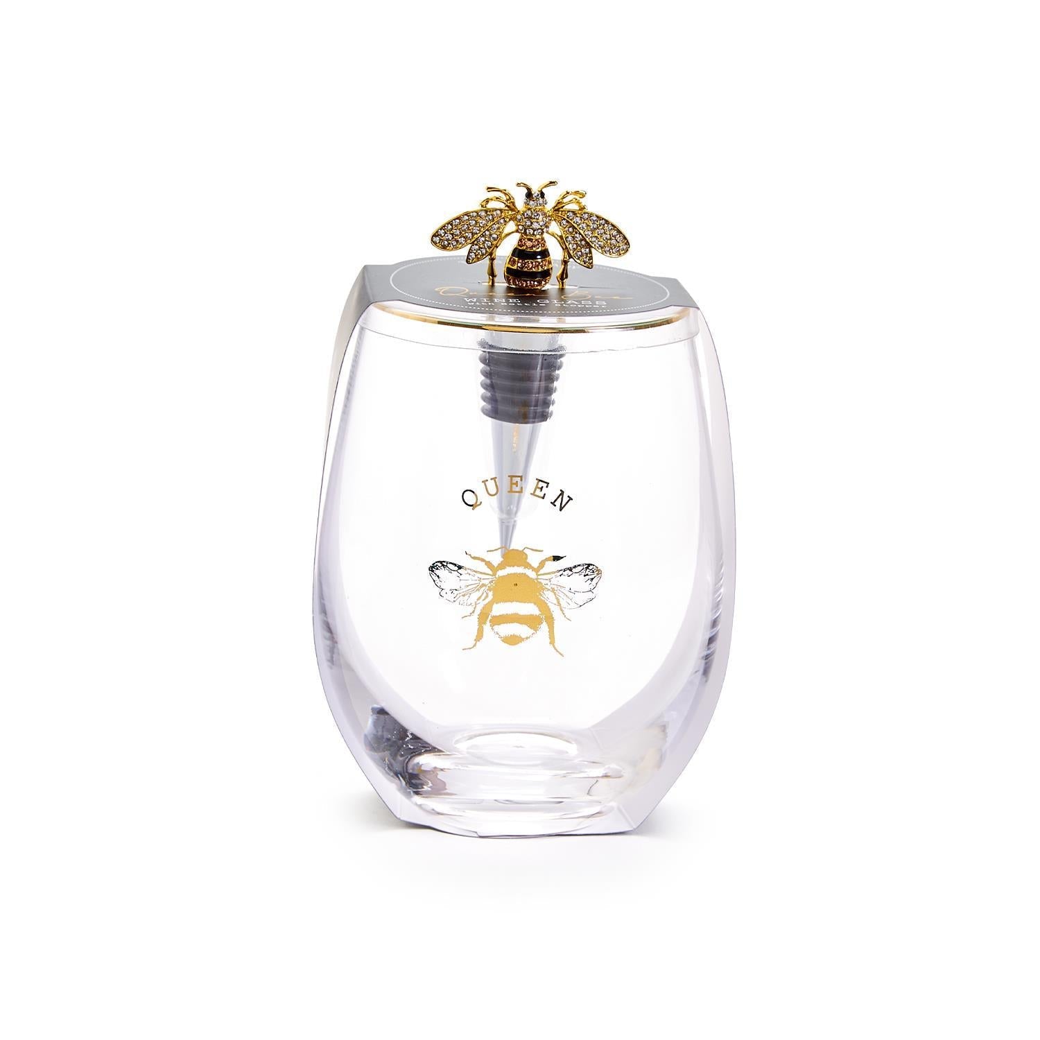 Queen Bee Stemless Wine Glass with Jeweled Bee Wine Stopper - 16-oz - Mellow Monkey