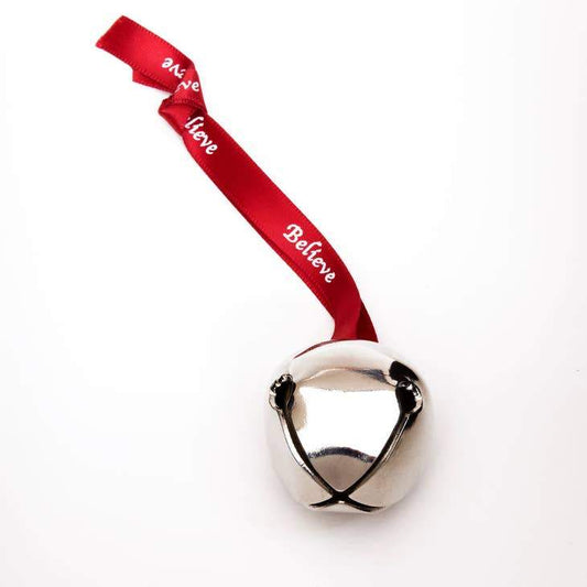 Bevin Bells - Silver Believe Sleigh Jingle Bell - Nickel Plated With Red Ribbon - Mellow Monkey