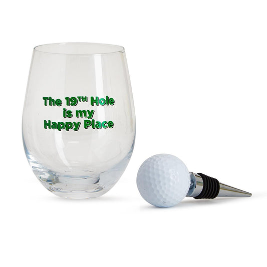 The 19th Hole Is My Happy Place - Golf Stemless Wine Glass with Golf Ball Wine Stopper - 16-oz. - Mellow Monkey