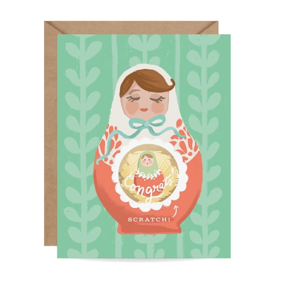 Nesting Doll - Scratch-Off Congratulations New Baby New Parent Greeting Card - Mellow Monkey