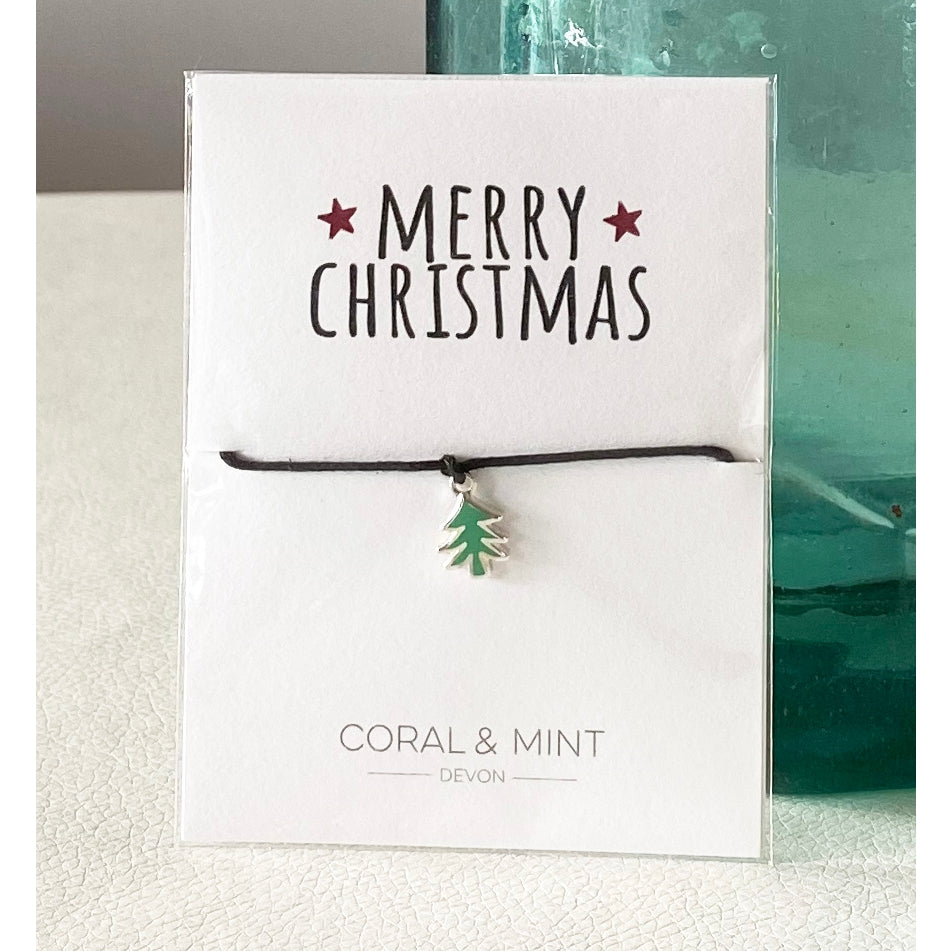Coral and Mint - Merry Christmas Enamel Tree Charm Sentiment String Bracelet - Mellow Monkey