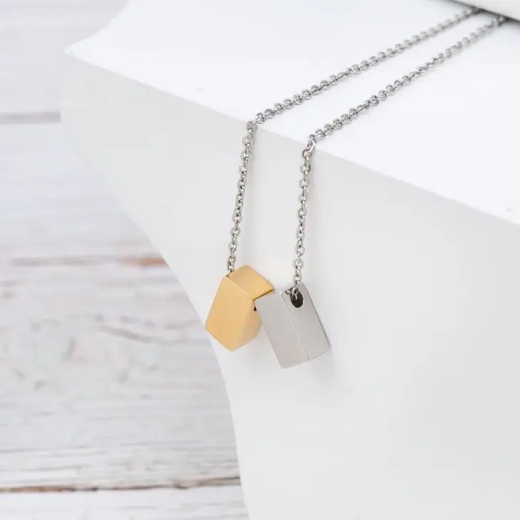 I Love You Mom - Double Cube Necklace - Silver & Gold - Mellow Monkey