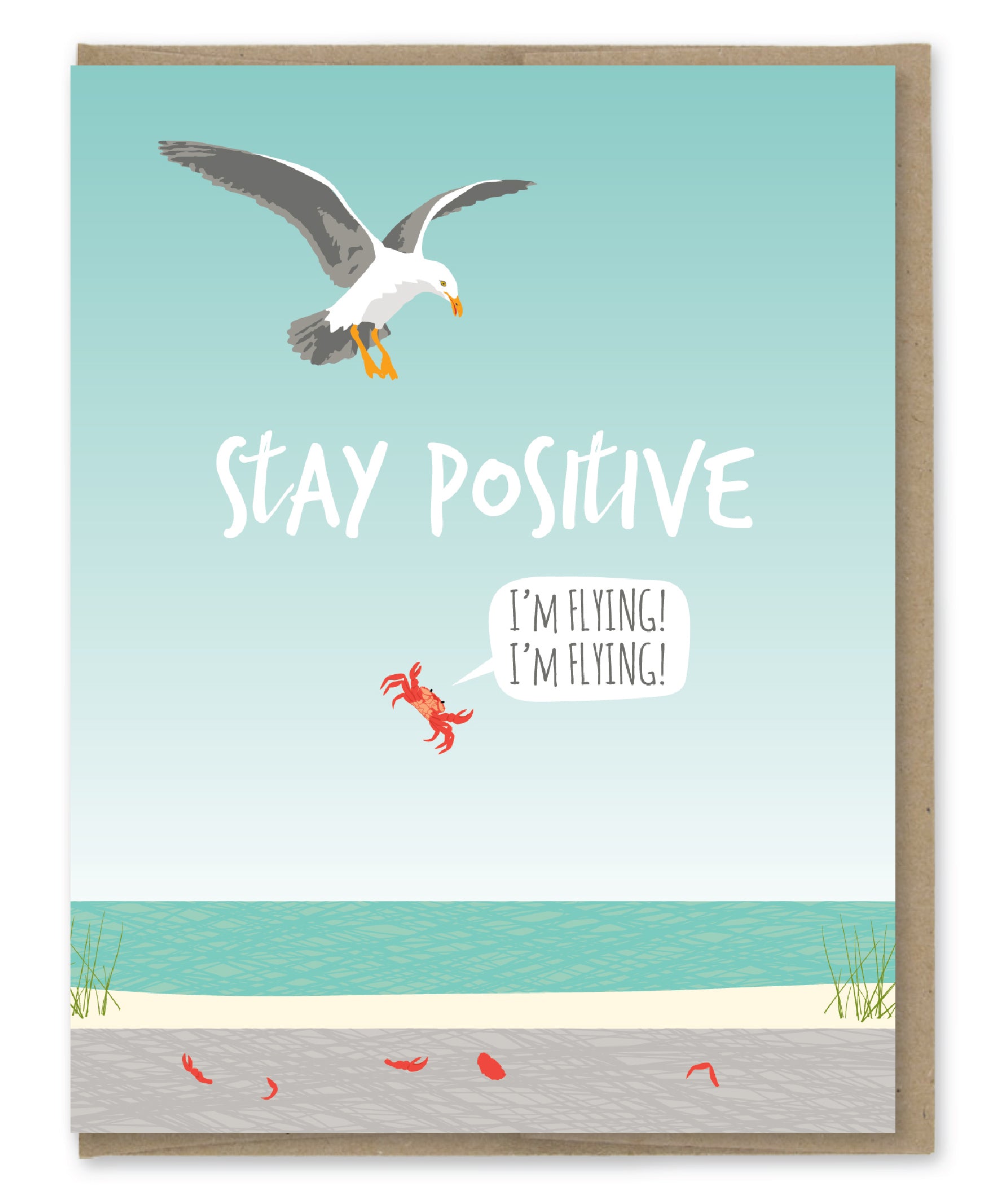 Stay Positive Seagull and Crab I'm Flying! Greeting Card - Mellow Monkey