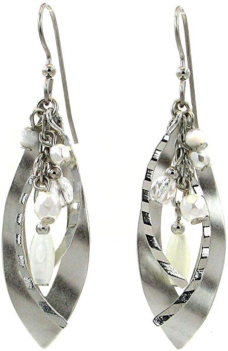 Silver Forest Wavy Marque with Multiple Beads Dangle Earrings - Mellow Monkey