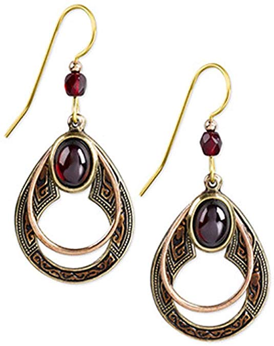 Silver Forest Copper and Goldtone Open Teardrop with Red Wine-color Stone Dangle Earrings - Mellow Monkey