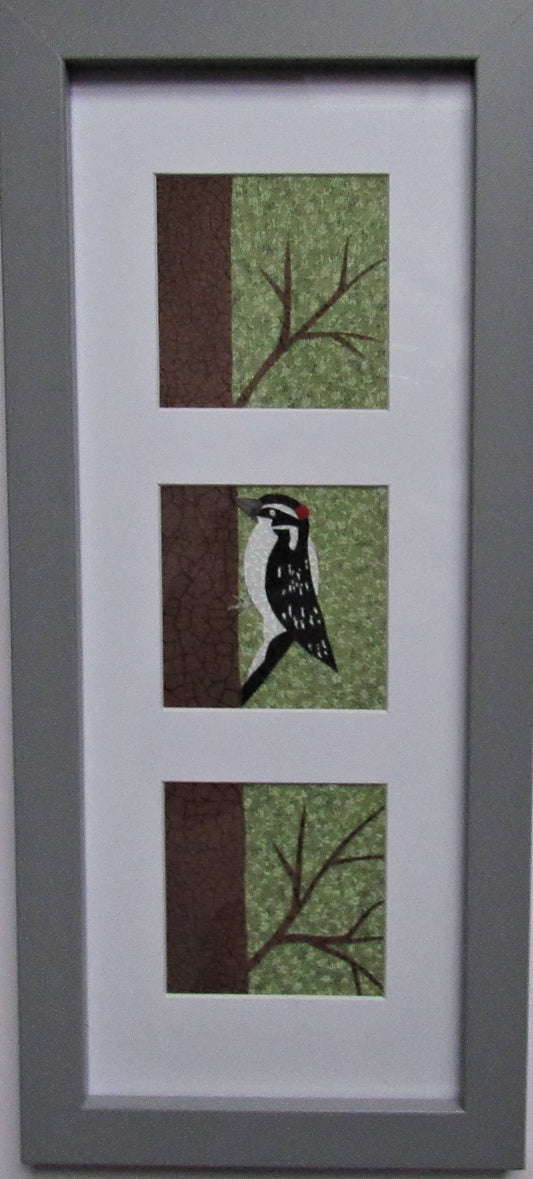 Woodpecker - Triptych Three Section Fabric and Paper Framed Artwork - 15-in - Mellow Monkey