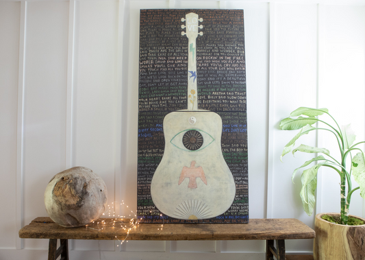 Sugarboo - Legends 2 Vertical Guitar - 23 x 46 Chartreuse Two Piece Gallery Wrap Panel Statement Wall Art - Black Background - Mellow Monkey