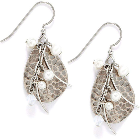 Silver Forest Hammered Silvertone Teardrop with Faux Pearl Dangle Earrings - Mellow Monkey