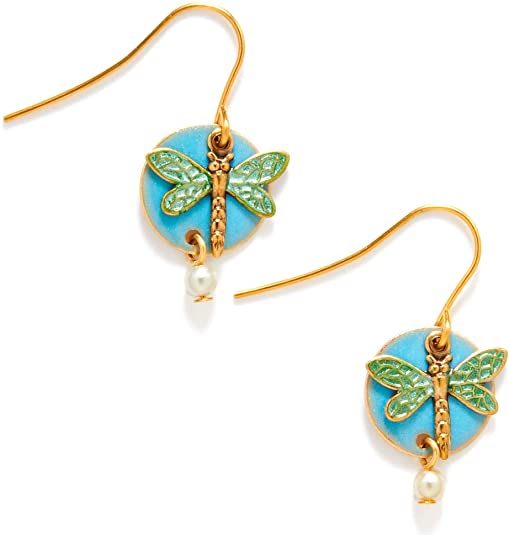 Silver Forest Dragonfly Drop Gold-tone Earrings with Blue Enamel Layer Bead NE-0008 - Mellow Monkey