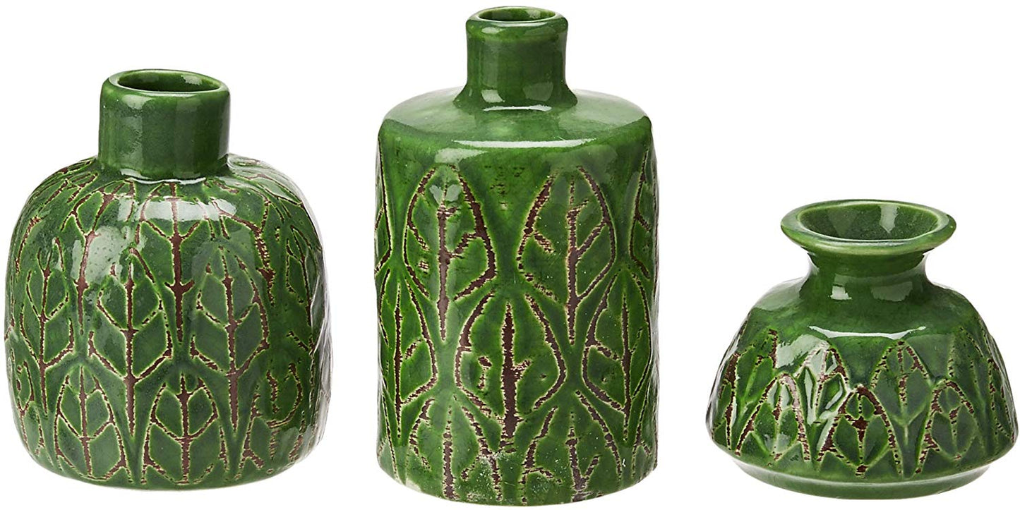 Embossed Stoneware Bud Vases in Green - Set of 3 - Mellow Monkey