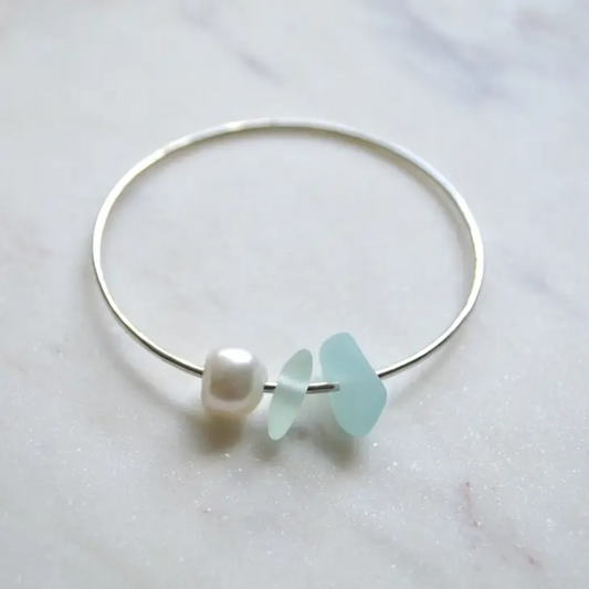 Frosted Glass and Pearl Bangle - Sterling Silver - Mellow Monkey