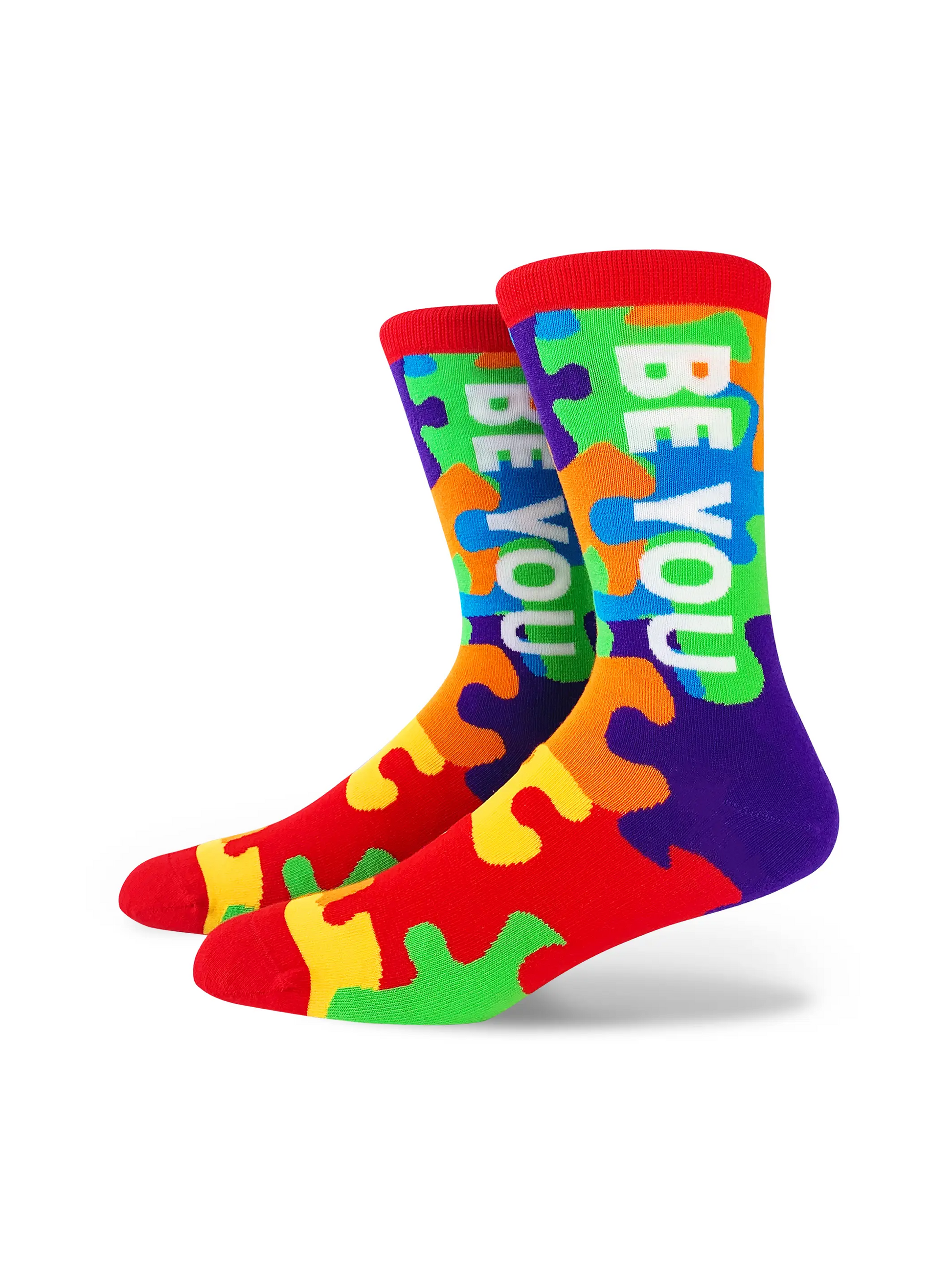Colorful rainbow puzzle piece socks with text "Be You" - Mellow Monkey