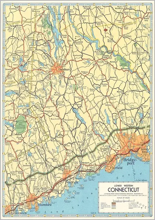 Map of Lower Western Connecticut - Vintage Postcard - 3-1/2 x 5-1/2-in. - Mellow Monkey