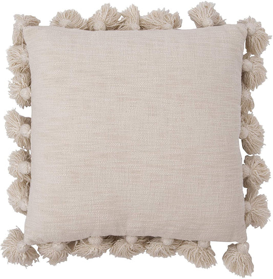 Luxurious Cream Square Cotton Woven Slub Pillow with Tassels - Mellow Monkey