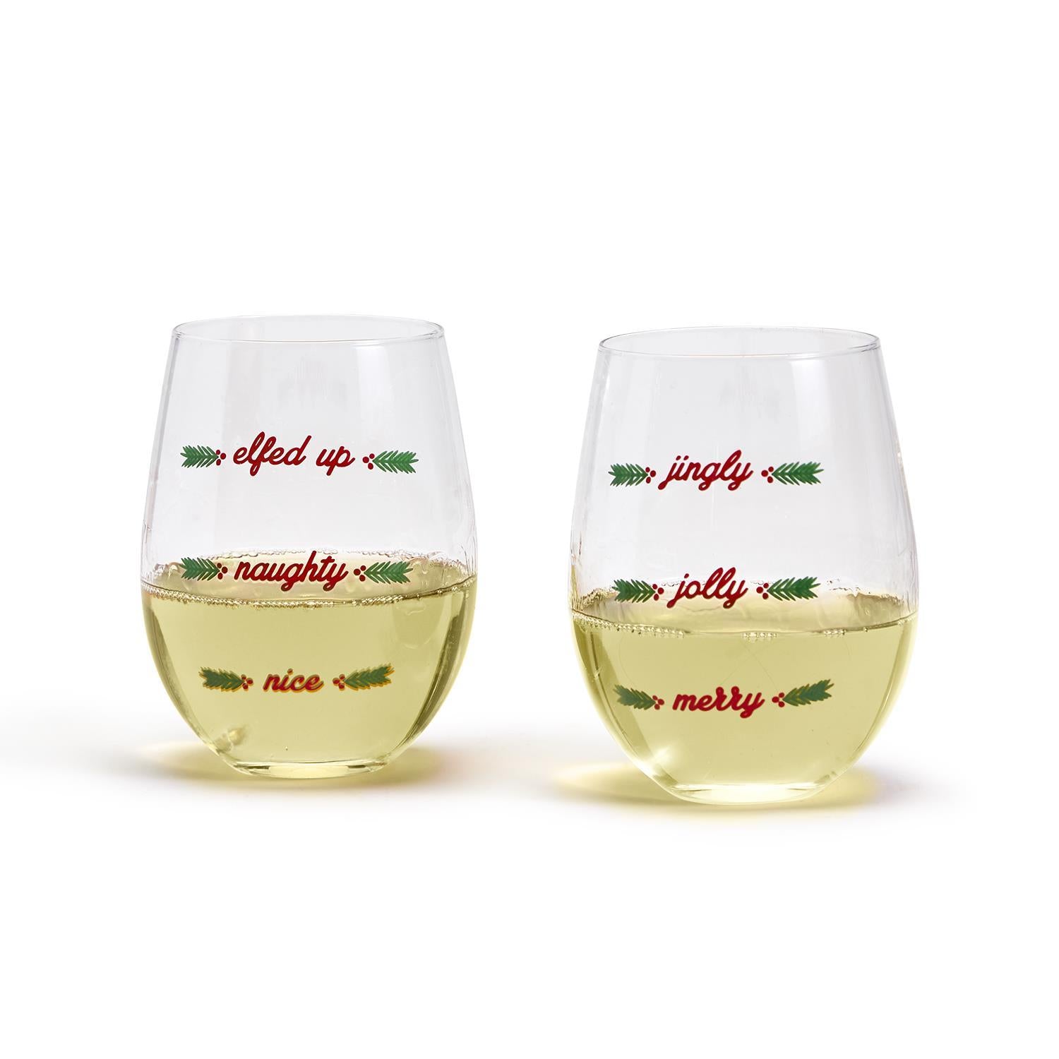 Merriest Stemless Wine Glass. 2 styles display shot