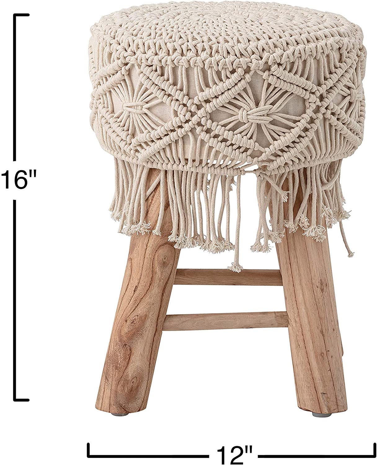 Macrame and Mango Wood Stool - Natural - 16-in - Mellow Monkey