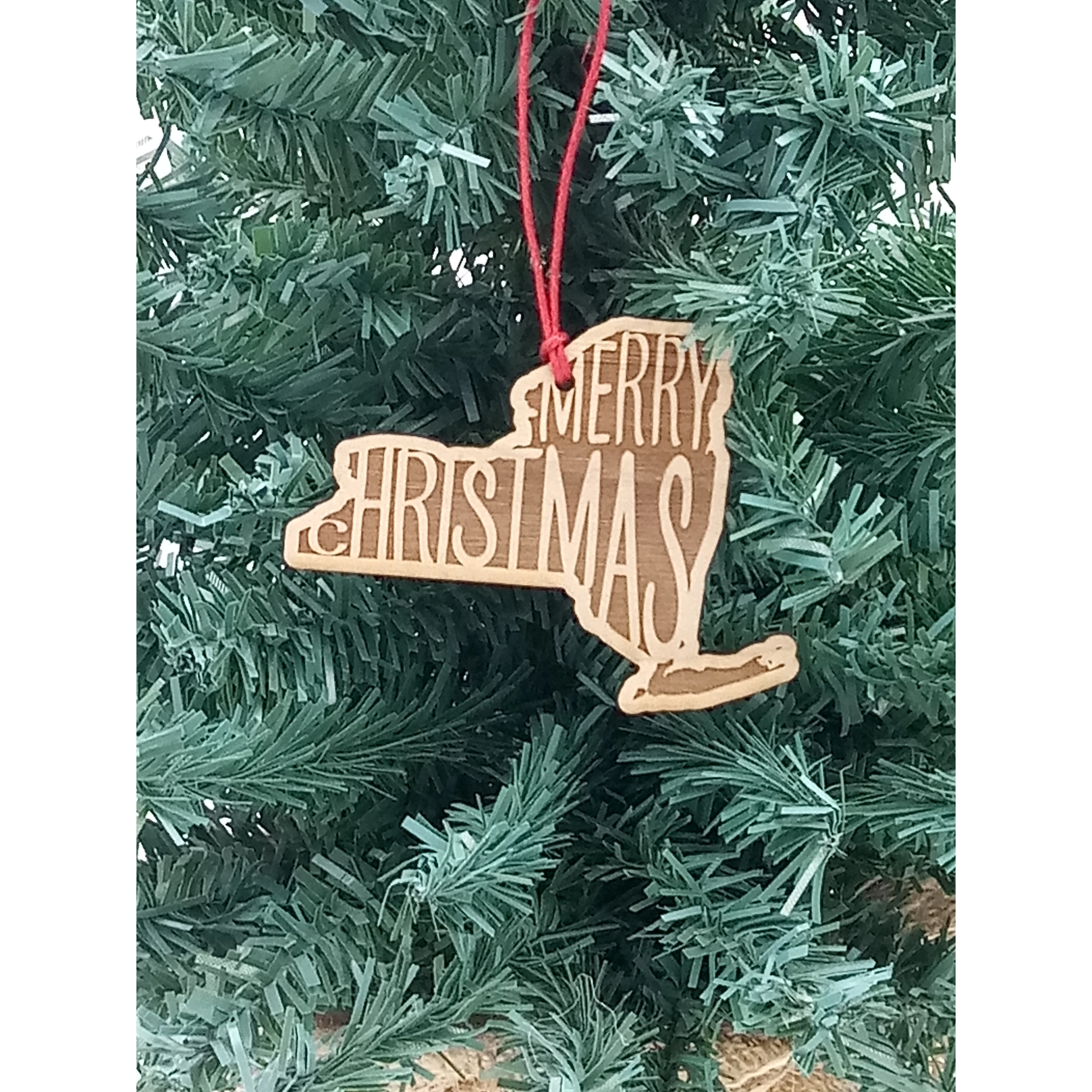 Merry Christmas New York State Shaped Wood Ornament - 3-in - Mellow Monkey