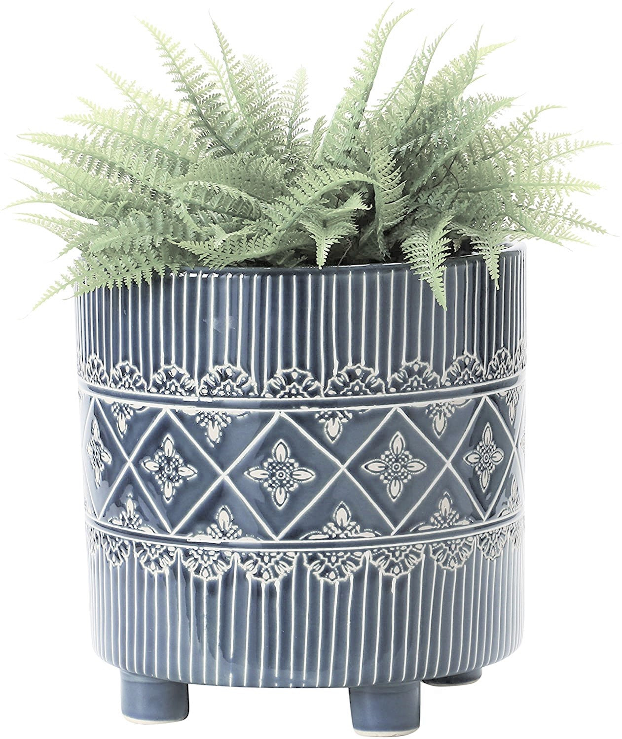 Debossed Stoneware Footed Planter - Blue & White - 10-1/2-in (Holds 9" Pot) - Mellow Monkey