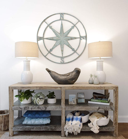 Distressed Aqua Metal Compass Rose Navigational Wall Décor - 41-in - Mellow Monkey