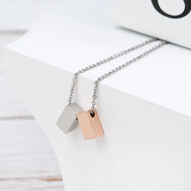I Love You Mom - Double Cube Necklace - Silver & Rose Gold - Mellow Monkey