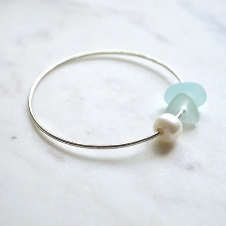 Frosted Glass and Pearl Bangle - Sterling Silver - Mellow Monkey