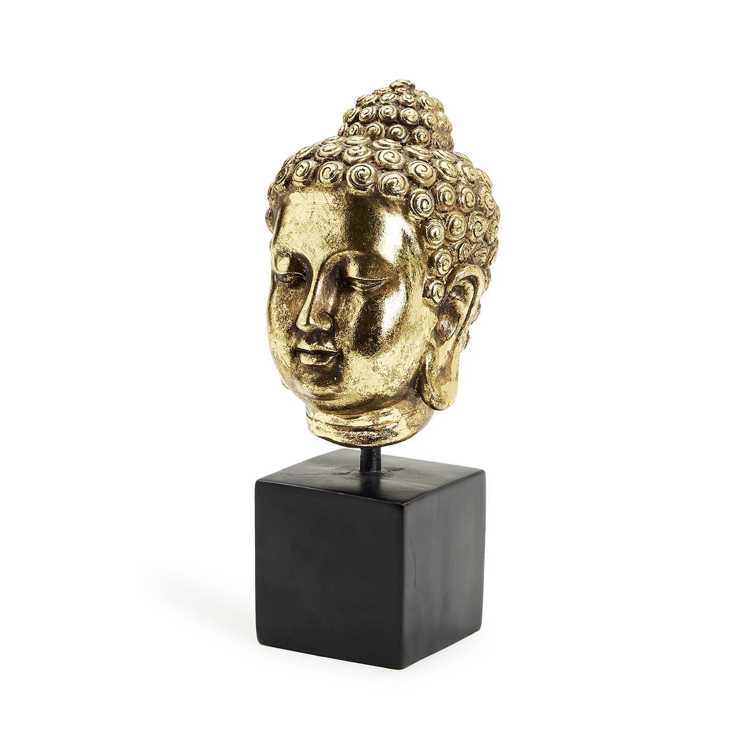 Golden Buddha Head on Black Pedestal Stand with Antique Finish - 10-1/2-in - Mellow Monkey