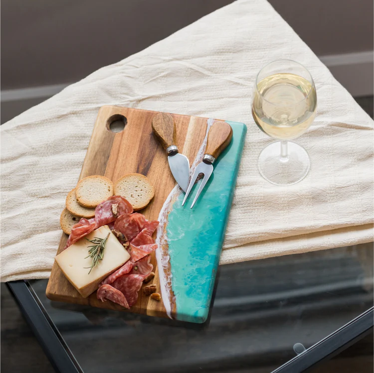 Small Acacia Resin Coated Cheese Board - Caribbean Blue - 8-in x 11-in - Mellow Monkey