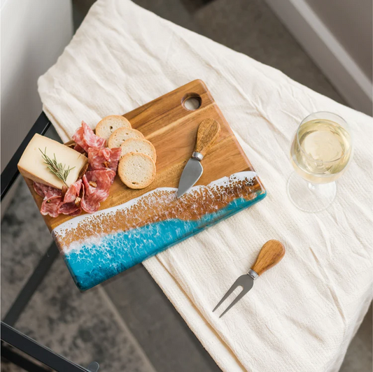 Small Acacia Resin Coated Cheese Board - Ocean Vibes - 8-in x 11-in - Mellow Monkey